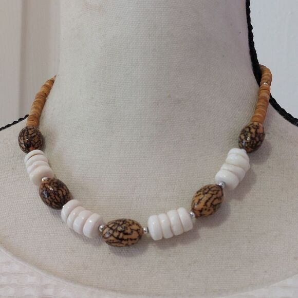 Eco Friendly Seed Coconut Wood Heishi Shell Beaded Necklace - Picture 4 of 5